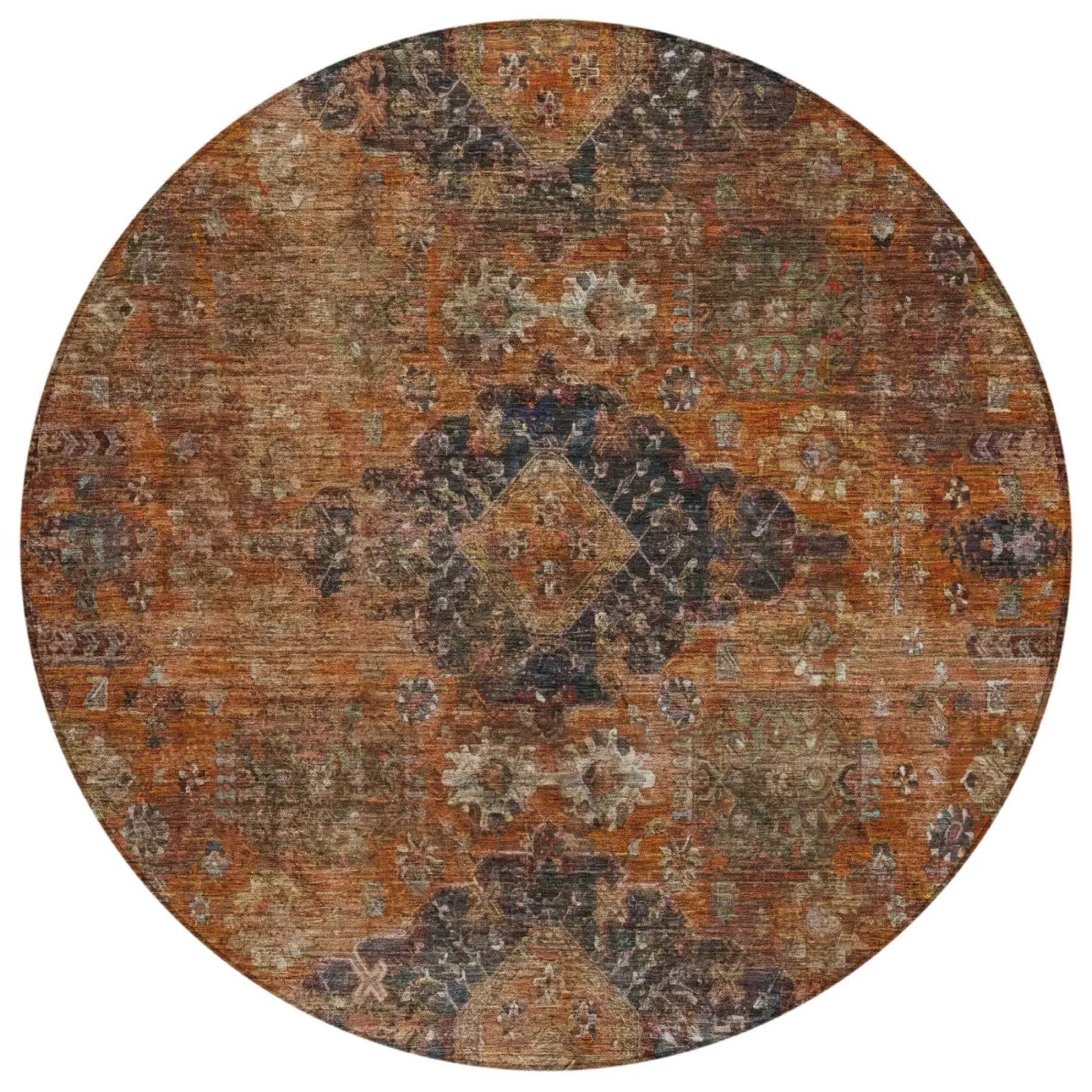 8' Rust And Orange Round Oriental Washable Indoor Outdoor Area Rug Homeroots Outdoor
