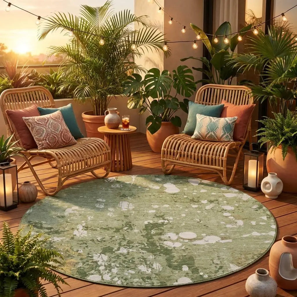 8' Sage And Beige Round Abstract Washable Indoor Outdoor Area Rug Homeroots Outdoor