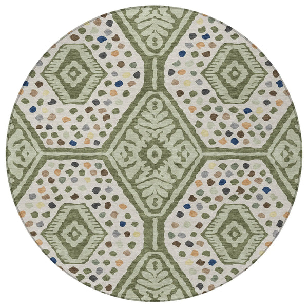8' Sage And Beige Round Tribal Washable Indoor Outdoor Area Rug Homeroots Outdoor