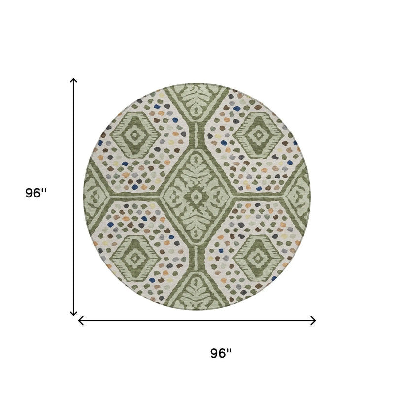 8' Sage And Beige Round Tribal Washable Indoor Outdoor Area Rug Homeroots Outdoor