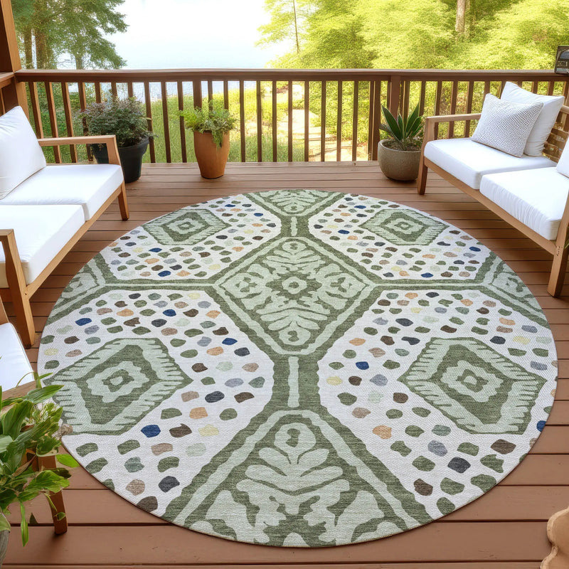 8' Sage And Beige Round Tribal Washable Indoor Outdoor Area Rug Homeroots Outdoor