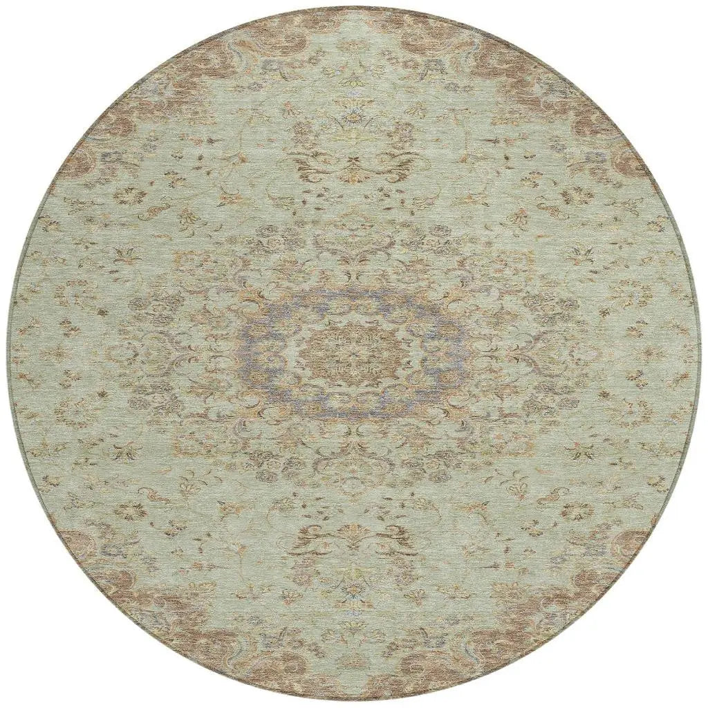 8' Sage And Brown Round Floral Medallion Washable Indoor Outdoor Area Rug Homeroots Outdoor