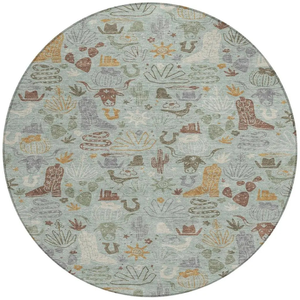 8' Sage And Gold Round Cactus Washable Indoor Outdoor Area Rug Homeroots Outdoor