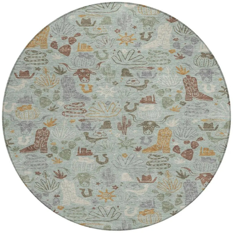 8' Sage And Gold Round Cactus Washable Indoor Outdoor Area Rug Homeroots Outdoor