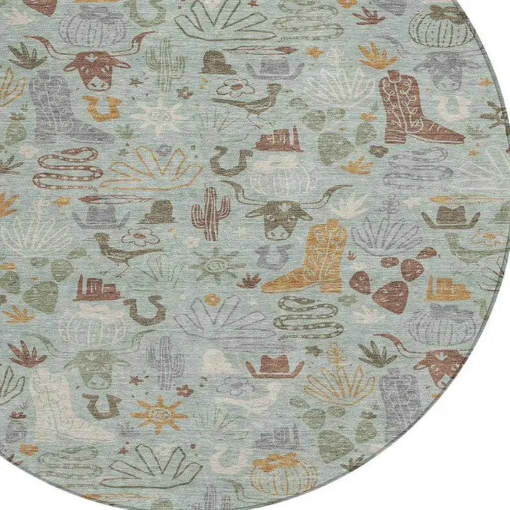 8' Sage And Gold Round Cactus Washable Indoor Outdoor Area Rug Homeroots Outdoor