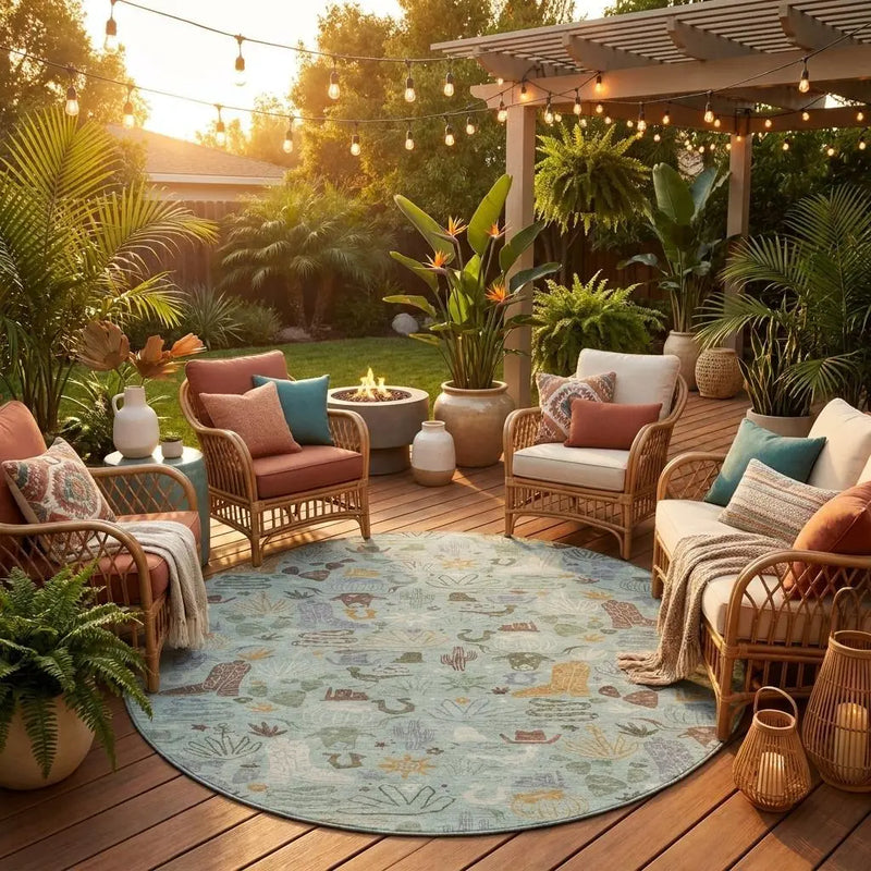 8' Sage And Gold Round Cactus Washable Indoor Outdoor Area Rug Homeroots Outdoor