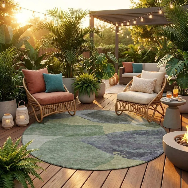 8' Sage And Green Round Abstract Washable Indoor Outdoor Area Rug Homeroots Outdoor