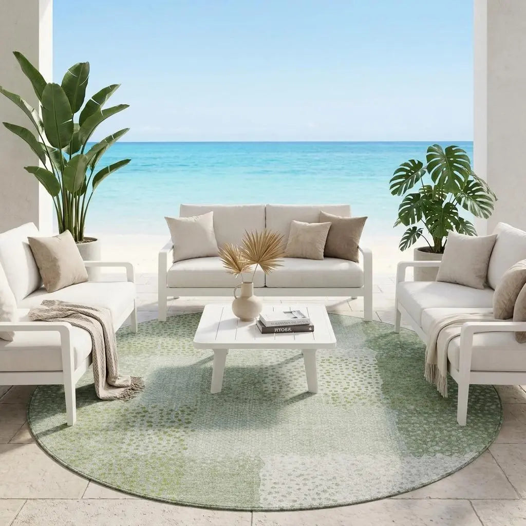 8' Sage And Green Round Abstract Washable Indoor Outdoor Area Rug Homeroots Outdoor