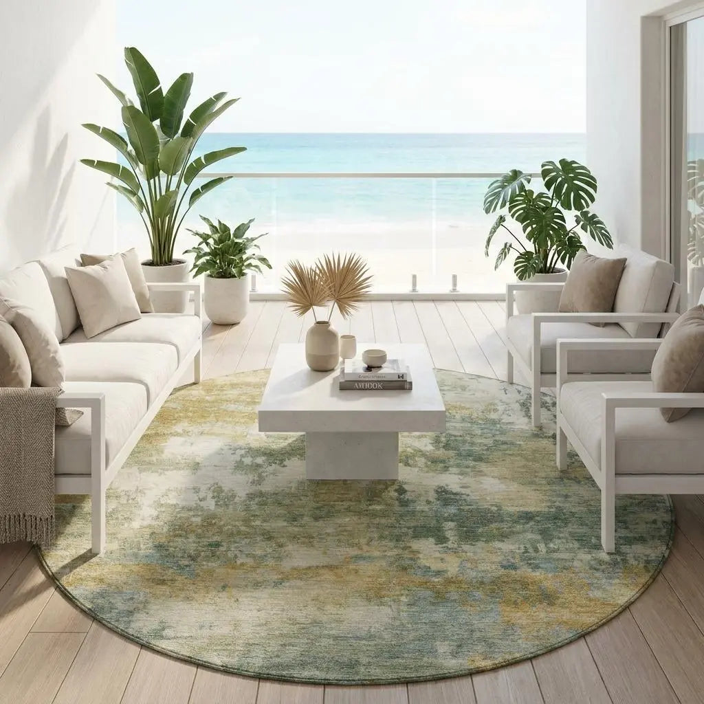 8' Sage And Green Round Abstract Washable Indoor Outdoor Area Rug Homeroots Outdoor