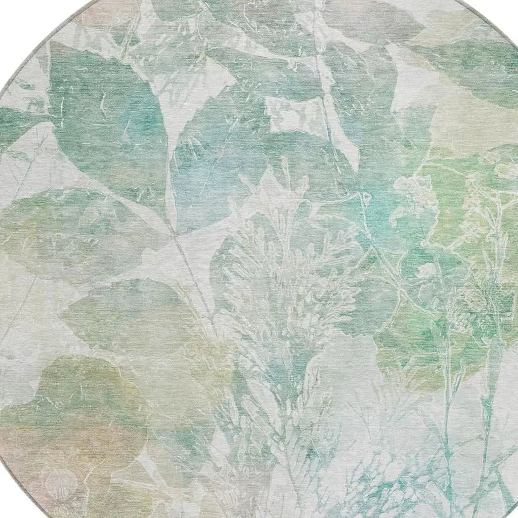 8' Sage And Green Round Botanical Leaves Washable Indoor Outdoor Area Rug Homeroots Outdoor