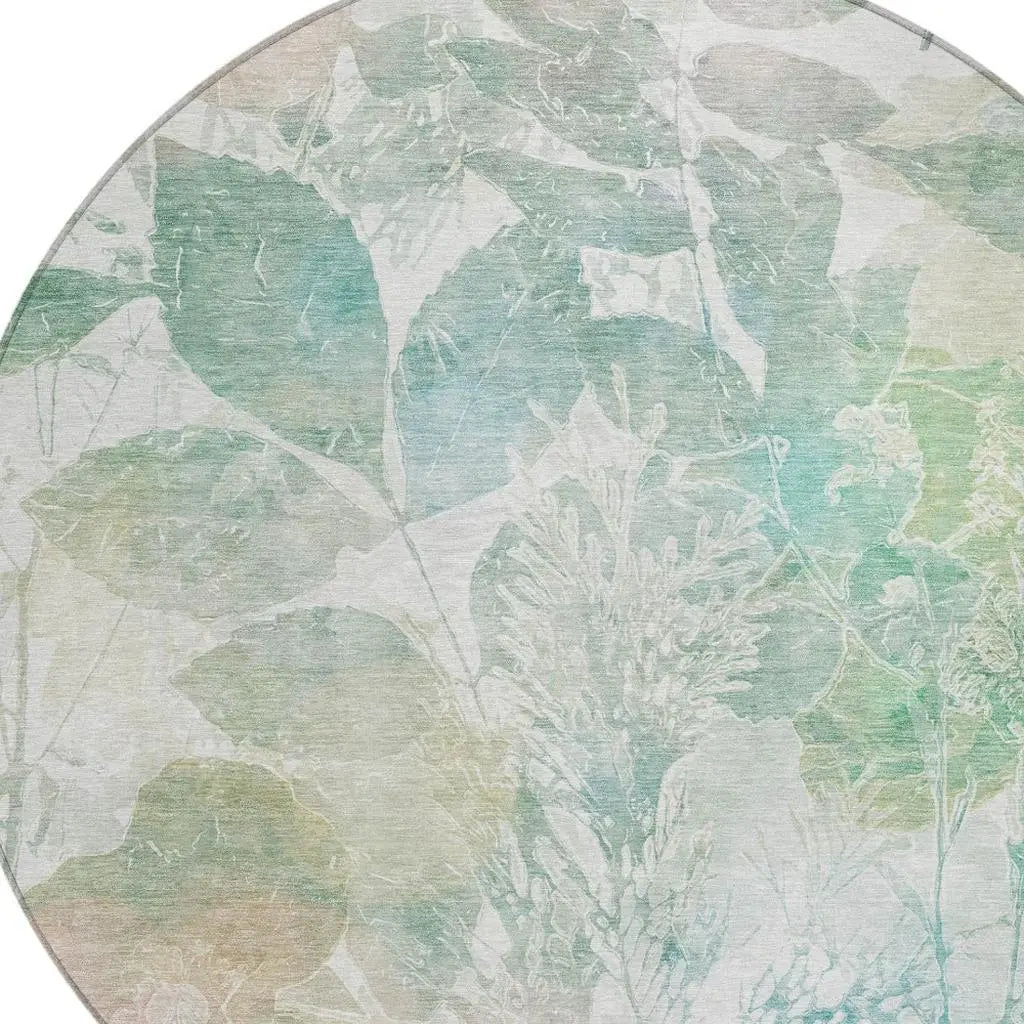 8' Sage And Green Round Botanical Leaves Washable Indoor Outdoor Area Rug Homeroots Outdoor