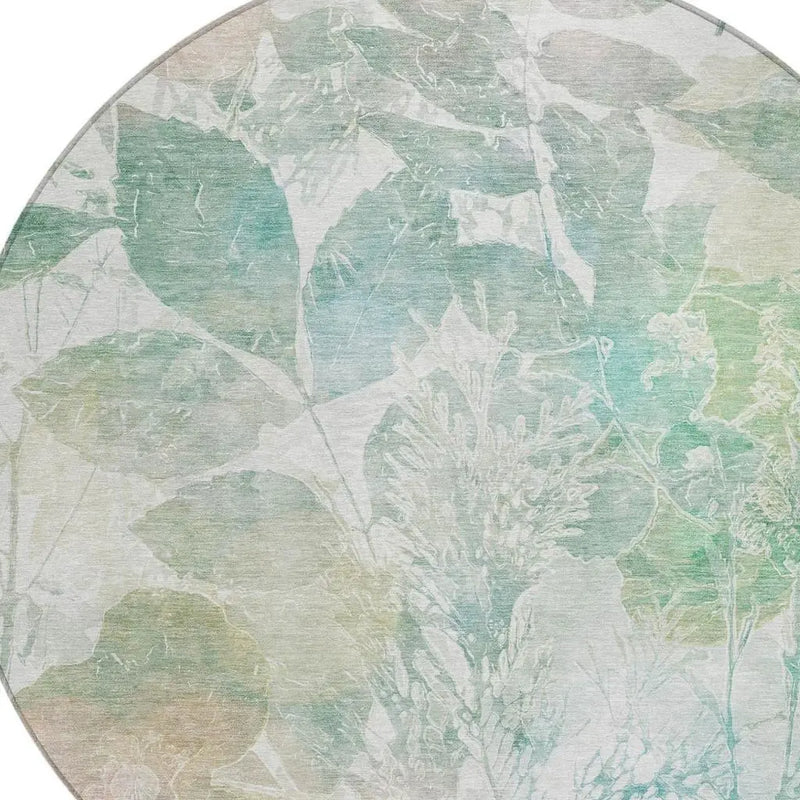 8' Sage And Green Round Botanical Leaves Washable Indoor Outdoor Area Rug Homeroots Outdoor
