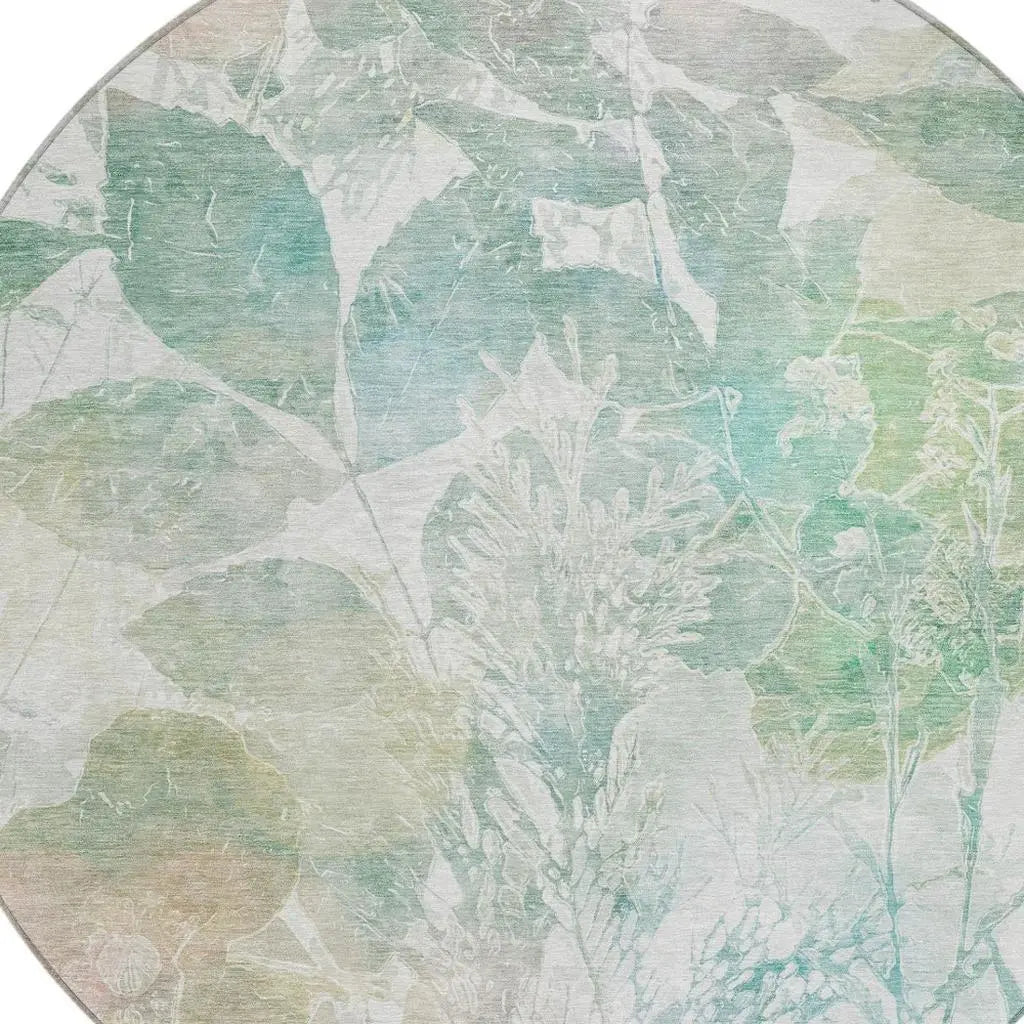 8' Sage And Green Round Botanical Leaves Washable Indoor Outdoor Area Rug Homeroots Outdoor