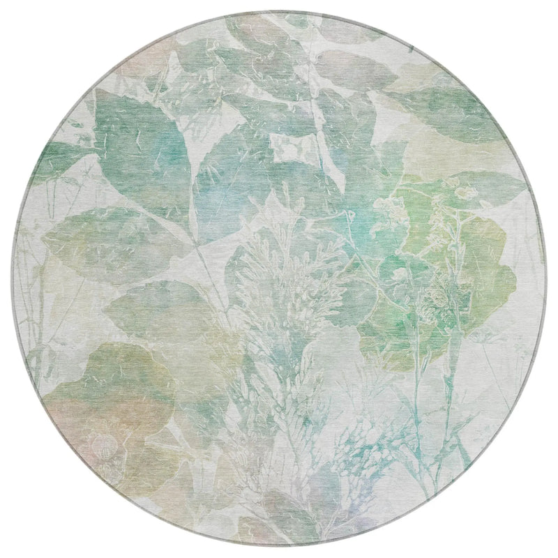 8' Sage And Green Round Botanical Leaves Washable Indoor Outdoor Area Rug Homeroots Outdoor