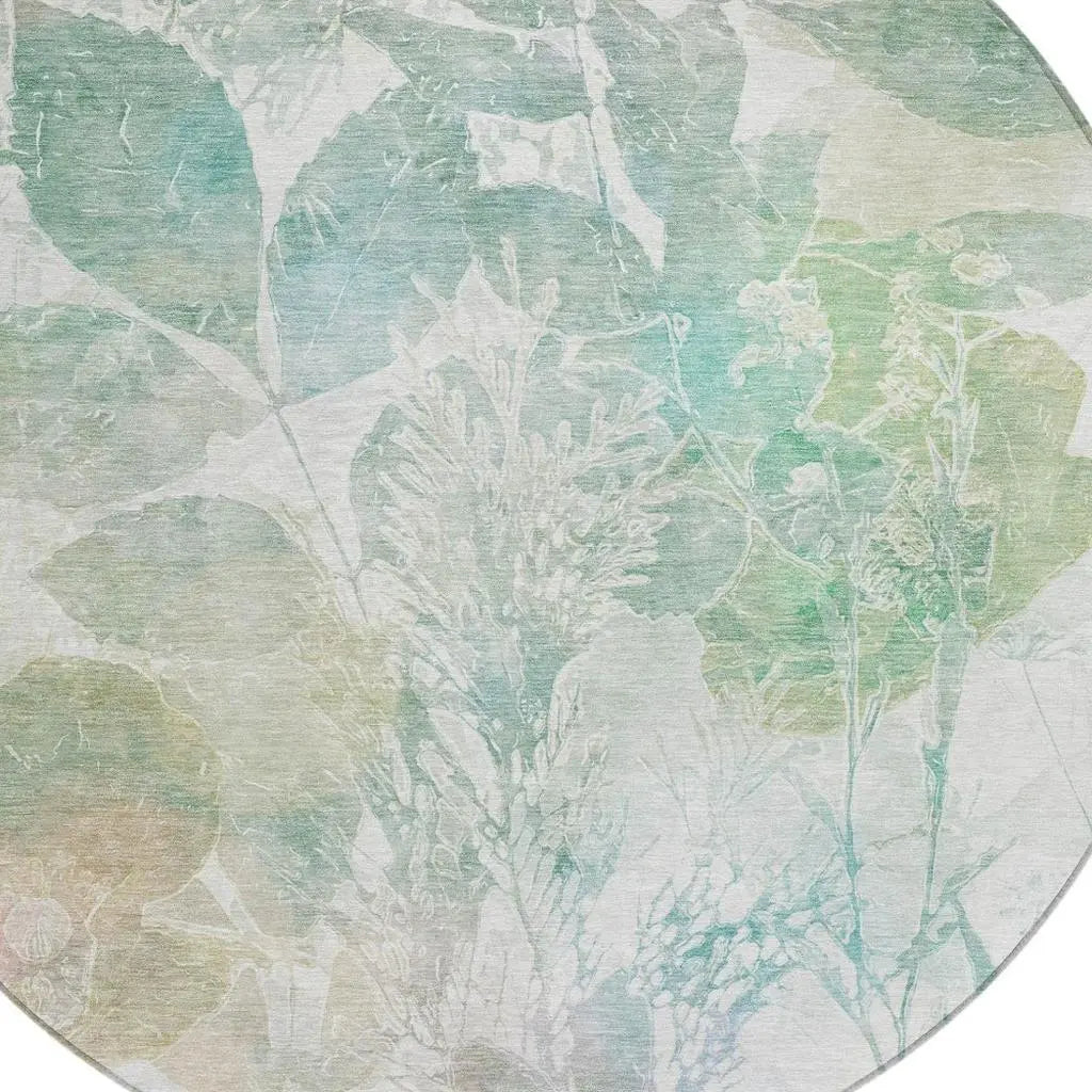 8' Sage And Green Round Botanical Leaves Washable Indoor Outdoor Area Rug Homeroots Outdoor