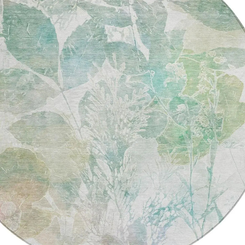8' Sage And Green Round Botanical Leaves Washable Indoor Outdoor Area Rug Homeroots Outdoor