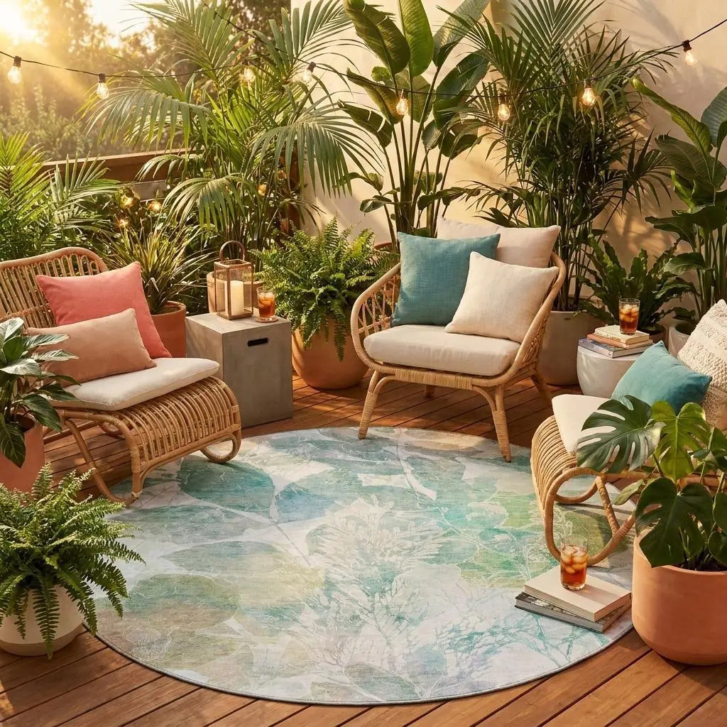 8' Sage And Green Round Botanical Leaves Washable Indoor Outdoor Area Rug Homeroots Outdoor