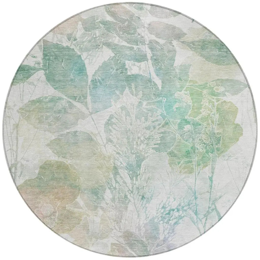 8' Sage And Green Round Botanical Leaves Washable Indoor Outdoor Area Rug Homeroots Outdoor