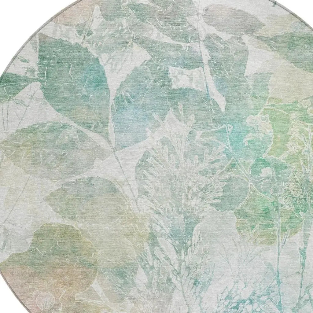 8' Sage And Green Round Botanical Leaves Washable Indoor Outdoor Area Rug Homeroots Outdoor