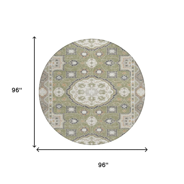 8' Sage And Green Round Floral Medallion Washable Indoor Outdoor Area Rug Homeroots Outdoor