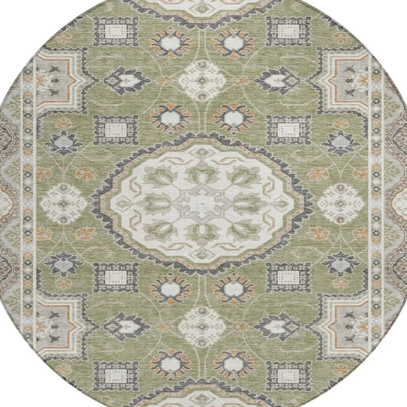 8' Sage And Green Round Floral Medallion Washable Indoor Outdoor Area Rug Homeroots Outdoor