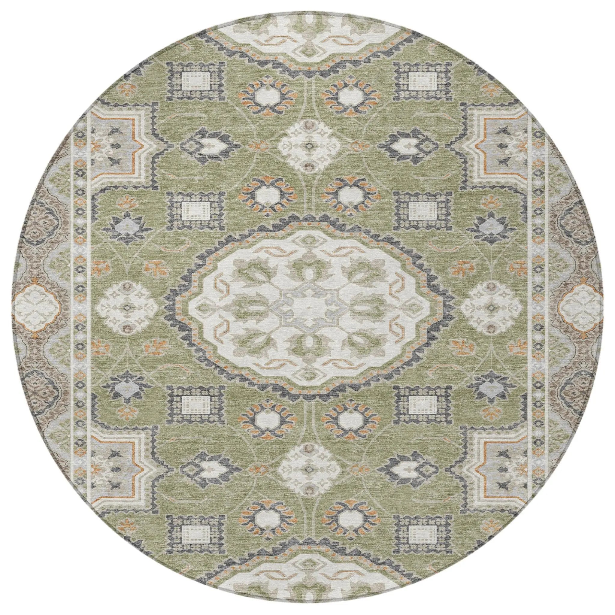 8' Sage And Green Round Floral Medallion Washable Indoor Outdoor Area Rug Homeroots Outdoor