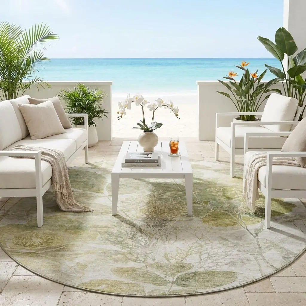 8' Sage And Green Round Floral Washable Indoor Outdoor Area Rug Homeroots Outdoor