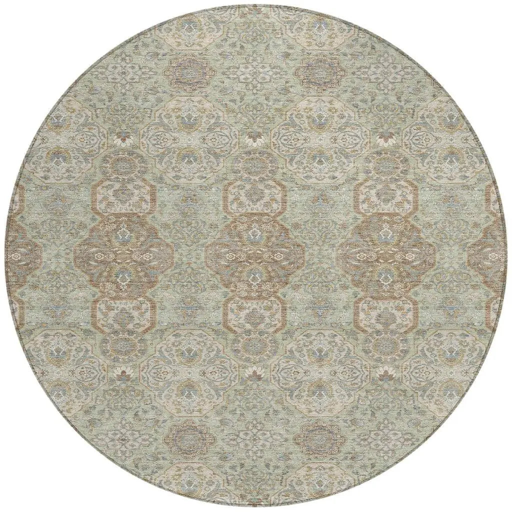 8' Sage And Green Round Floral Washable Indoor Outdoor Area Rug Homeroots Outdoor