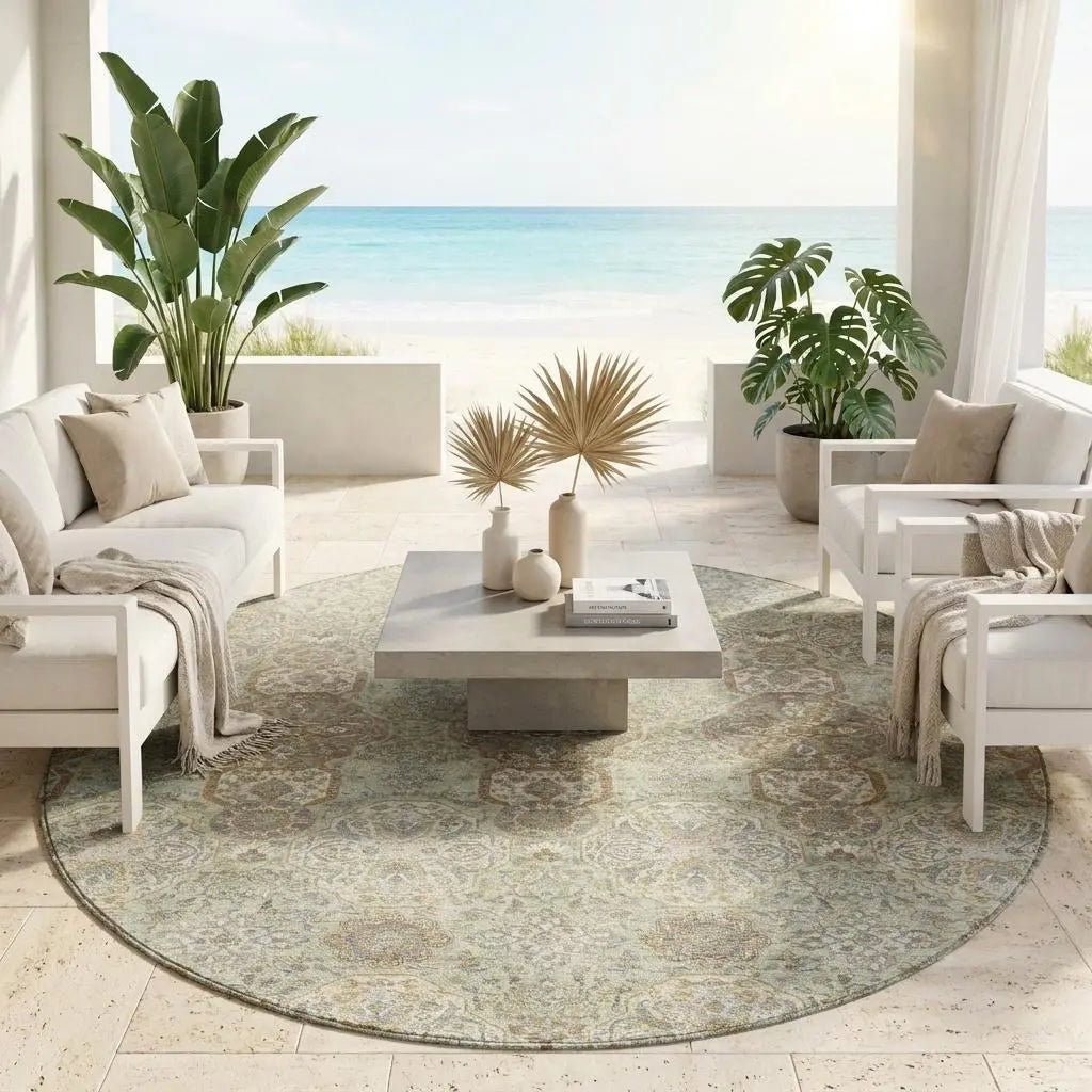 8' Sage And Green Round Floral Washable Indoor Outdoor Area Rug Homeroots Outdoor