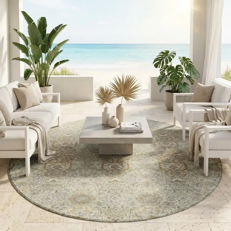 8' Sage And Green Round Floral Washable Indoor Outdoor Area Rug Homeroots Outdoor