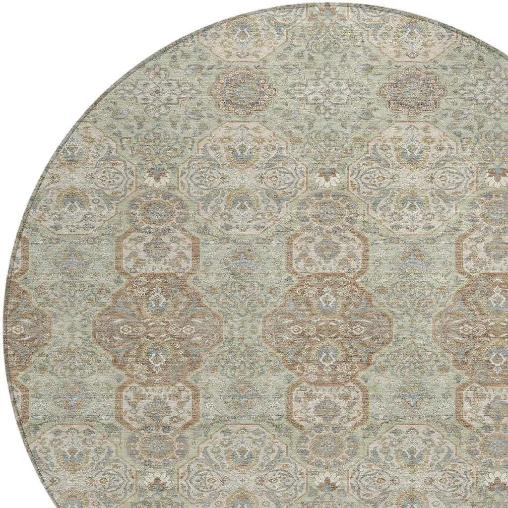 8' Sage And Green Round Floral Washable Indoor Outdoor Area Rug Homeroots Outdoor