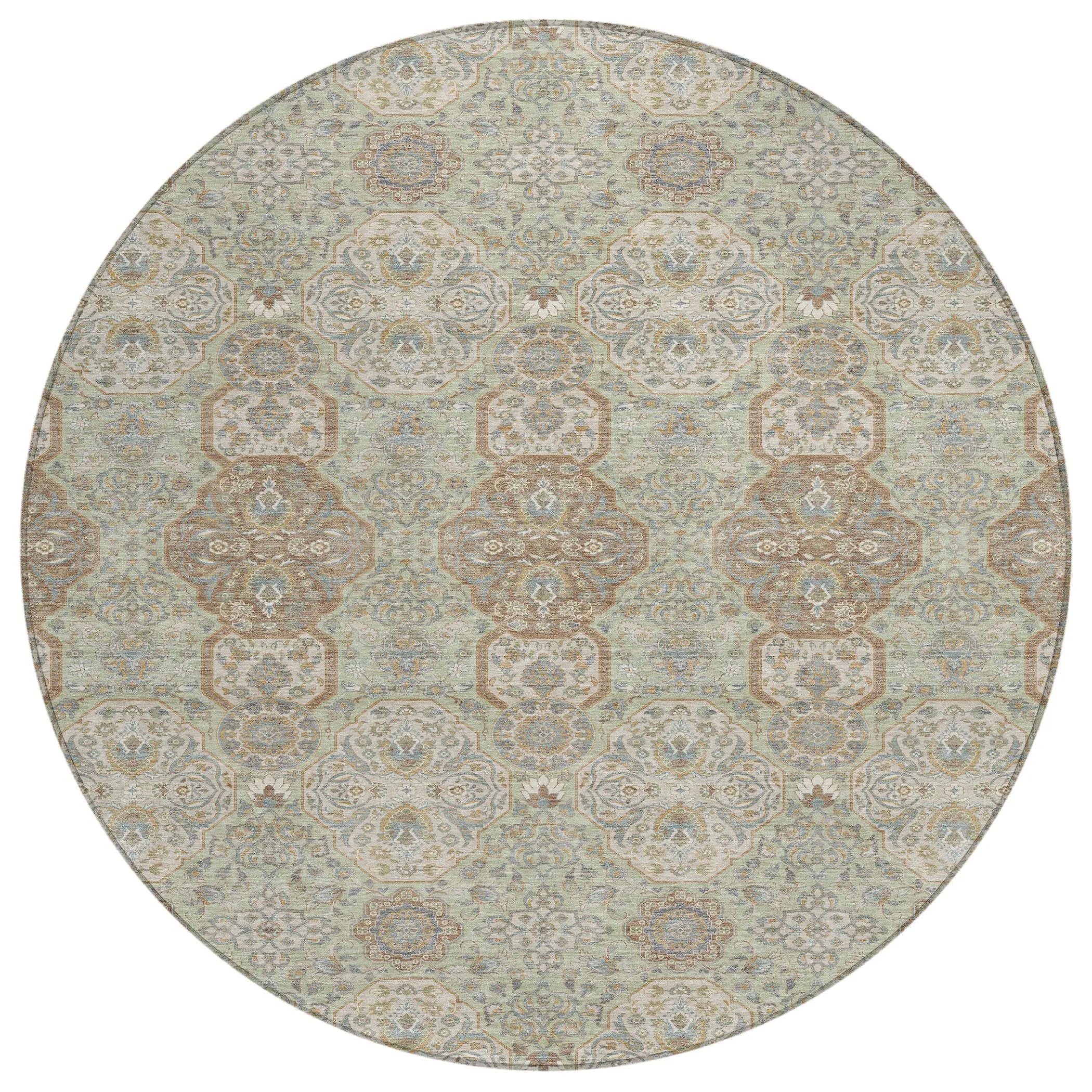 8' Sage And Green Round Floral Washable Indoor Outdoor Area Rug Homeroots Outdoor