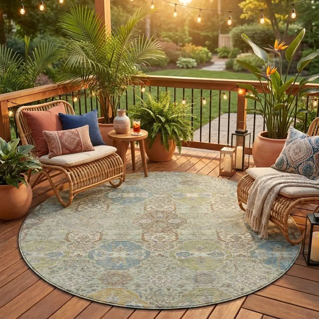 8' Sage And Green Round Floral Washable Indoor Outdoor Area Rug Homeroots Outdoor
