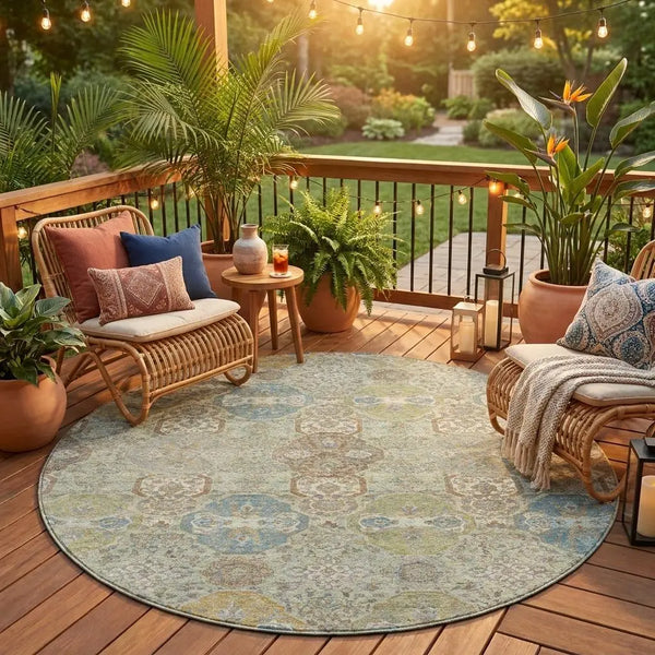 8' Sage And Green Round Floral Washable Indoor Outdoor Area Rug Homeroots Outdoor