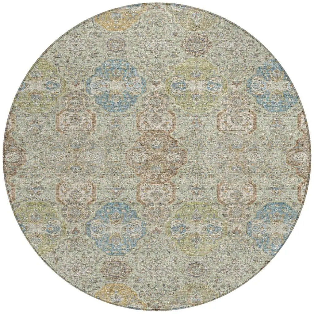 8' Sage And Green Round Floral Washable Indoor Outdoor Area Rug Homeroots Outdoor