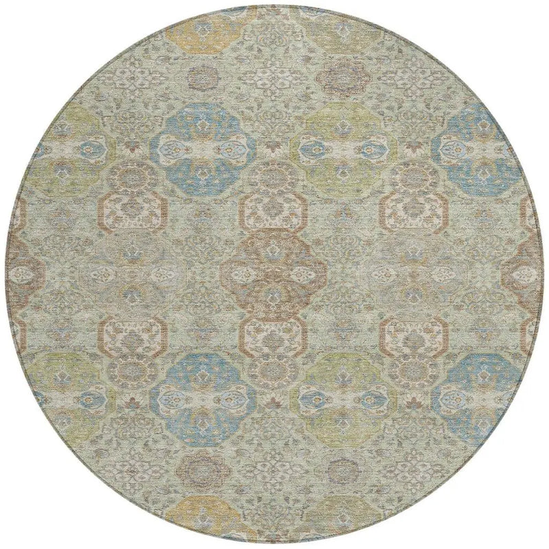 8' Sage And Green Round Floral Washable Indoor Outdoor Area Rug Homeroots Outdoor