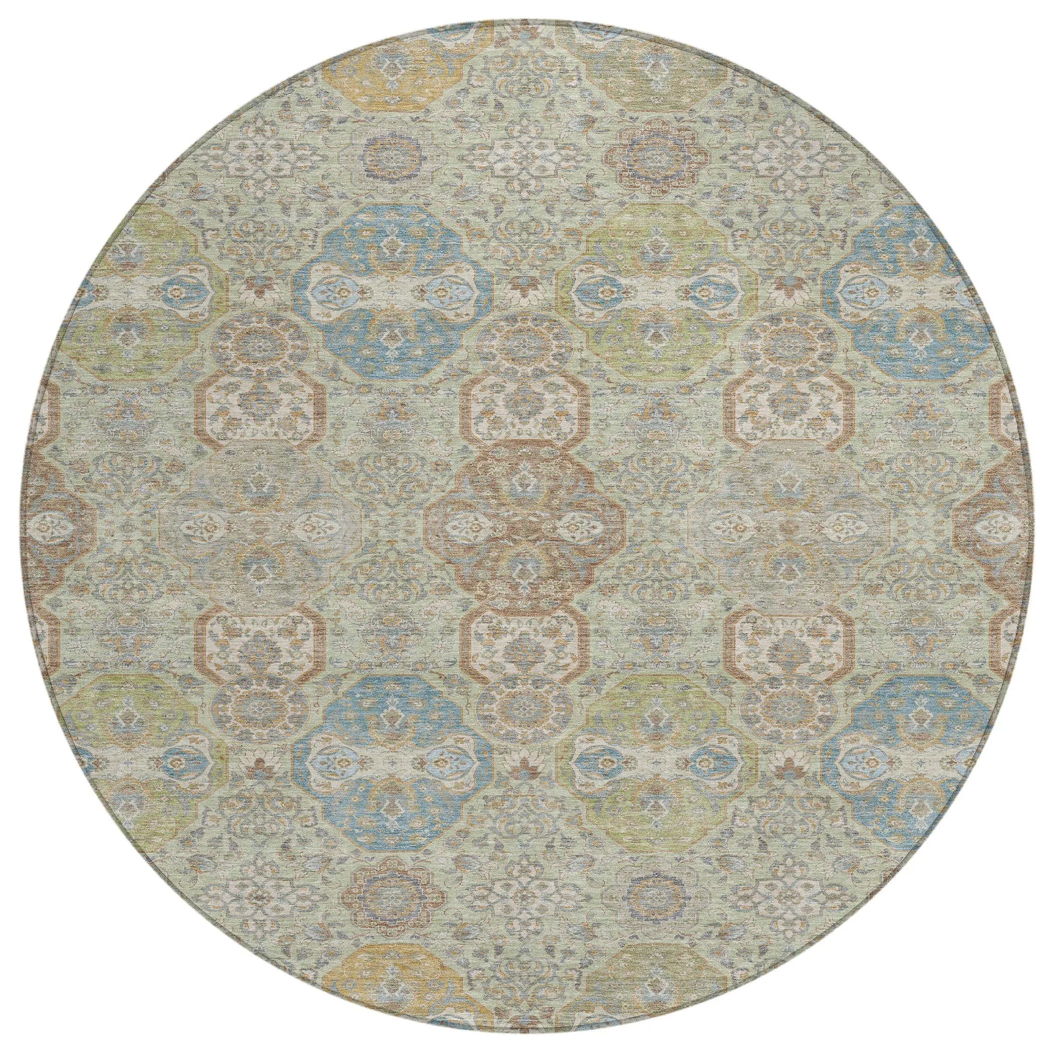 8' Sage And Green Round Floral Washable Indoor Outdoor Area Rug Homeroots Outdoor