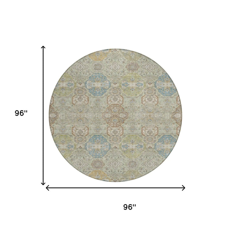 8' Sage And Green Round Floral Washable Indoor Outdoor Area Rug Homeroots Outdoor