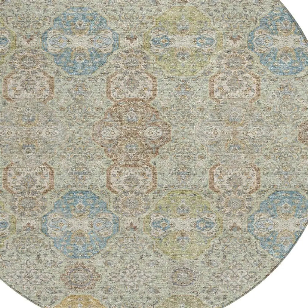 8' Sage And Green Round Floral Washable Indoor Outdoor Area Rug Homeroots Outdoor
