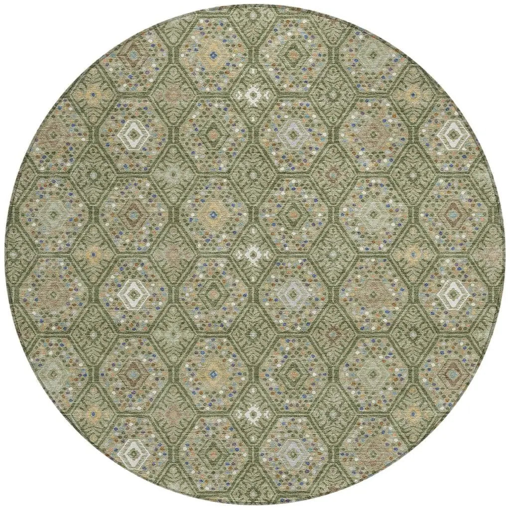 8' Sage And Green Round Geometric Washable Indoor Outdoor Area Rug Homeroots Outdoor