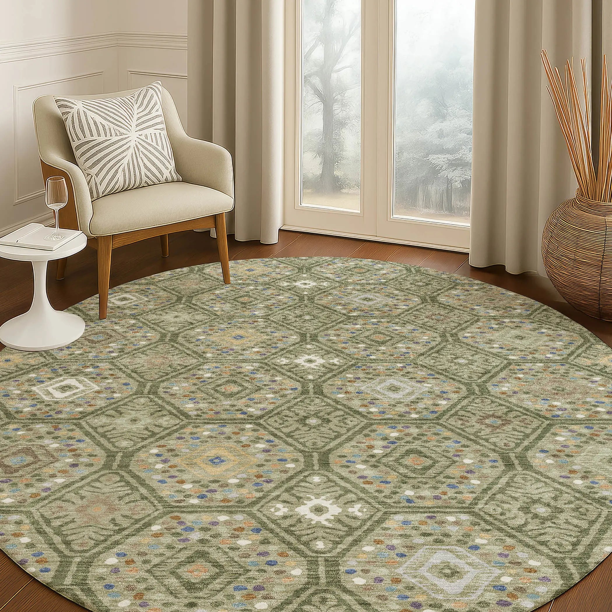 8' Sage And Green Round Geometric Washable Indoor Outdoor Area Rug Homeroots Outdoor