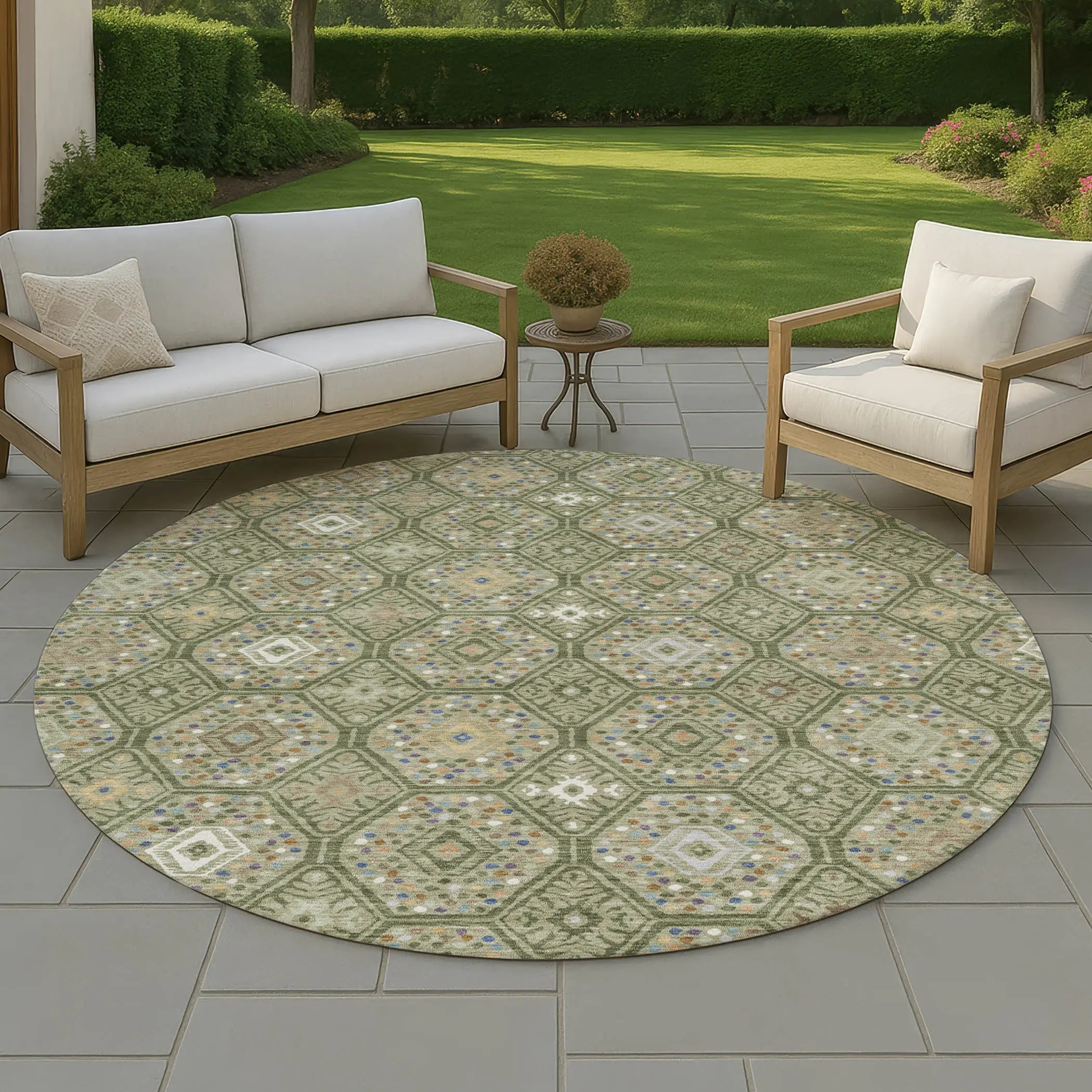 8' Sage And Green Round Geometric Washable Indoor Outdoor Area Rug Homeroots Outdoor