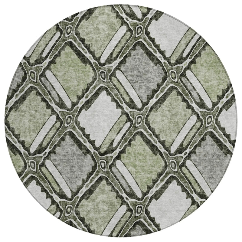 8' Sage And Green Round Geometric Washable Indoor Outdoor Area Rug Homeroots Outdoor