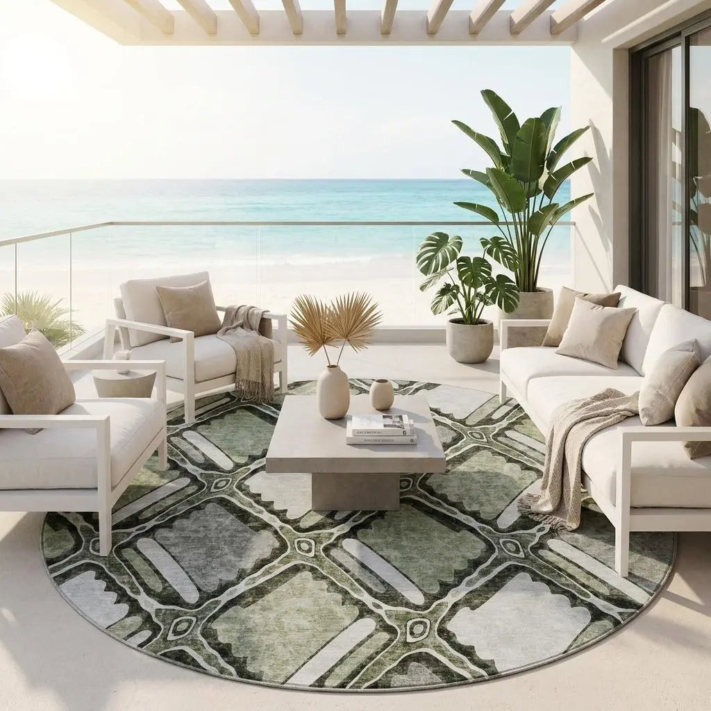 8' Sage And Green Round Geometric Washable Indoor Outdoor Area Rug Homeroots Outdoor