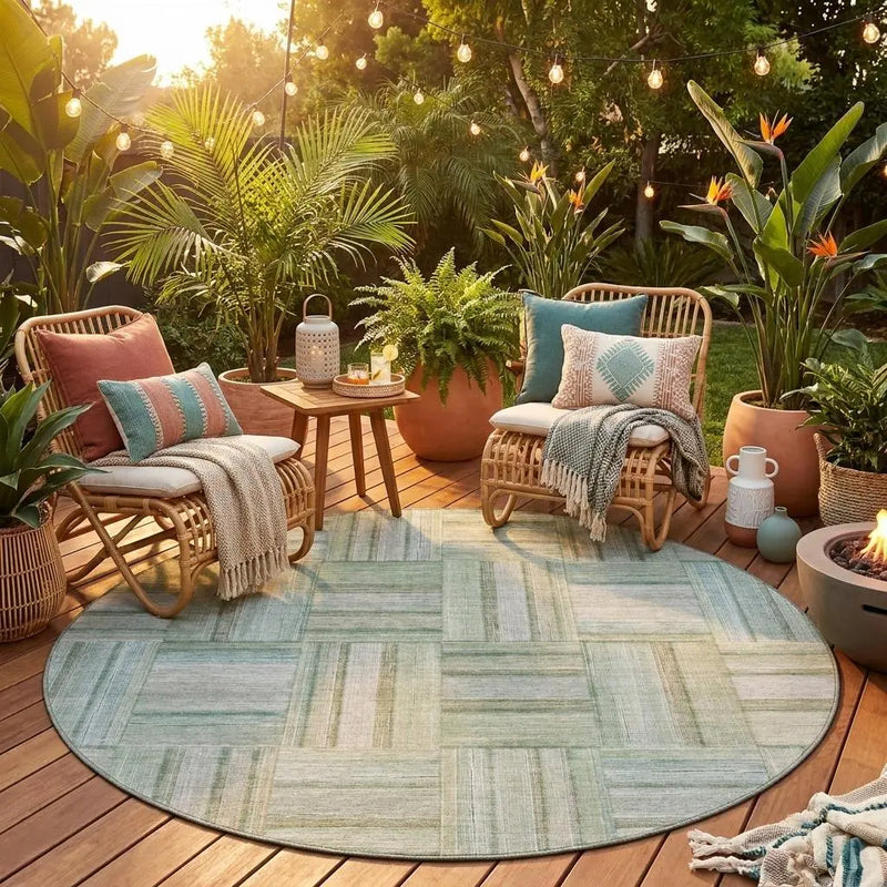8' Sage And Green Round Geometric Washable Indoor Outdoor Area Rug Homeroots Outdoor
