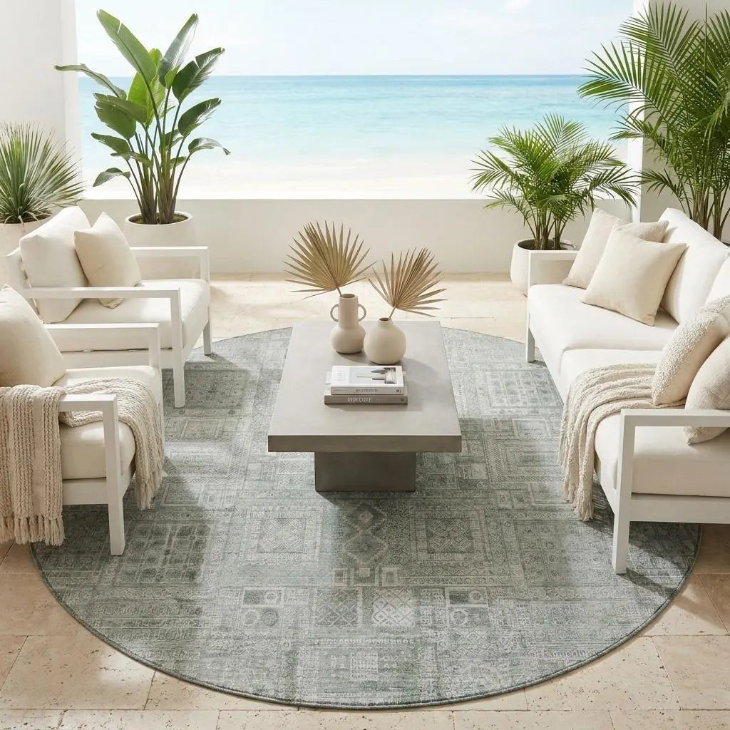 8' Sage And Green Round Oriental Washable Indoor Outdoor Area Rug Homeroots Outdoor