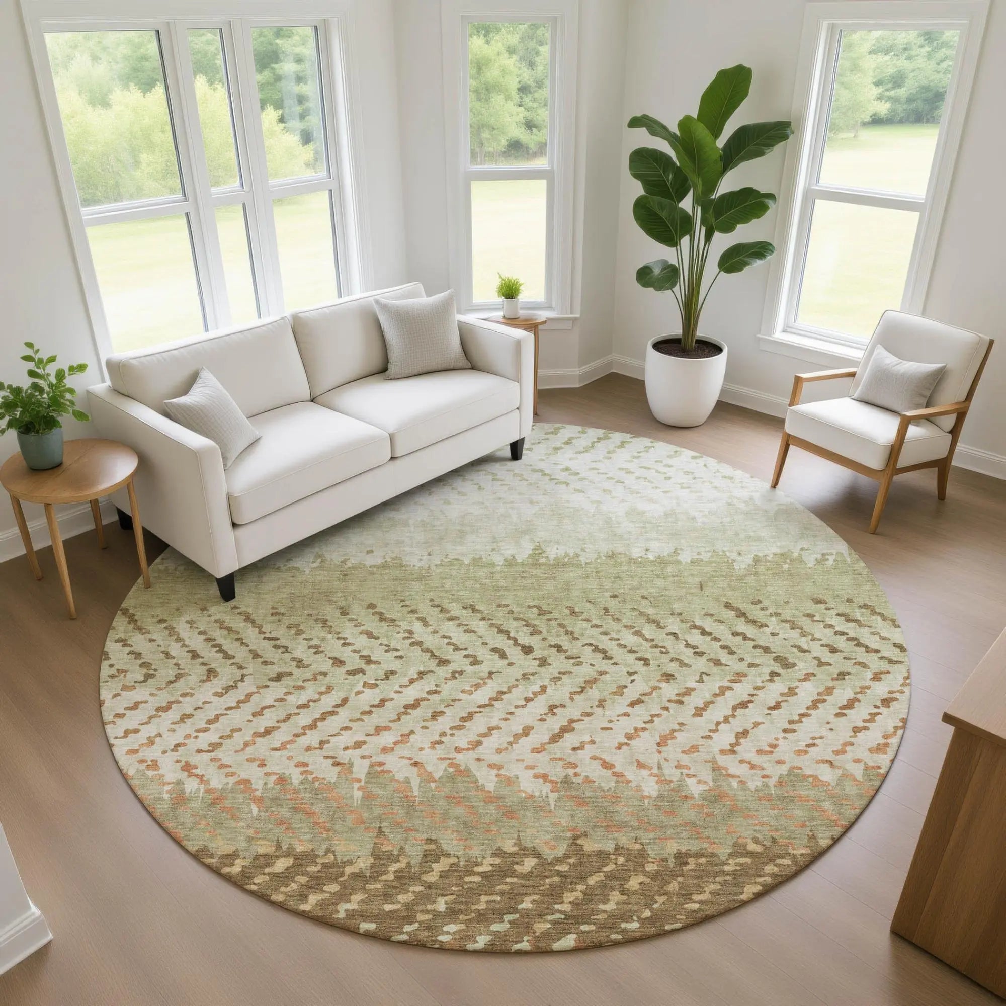 8' Sage And Green Round Striped Washable Indoor Outdoor Area Rug Homeroots Outdoor
