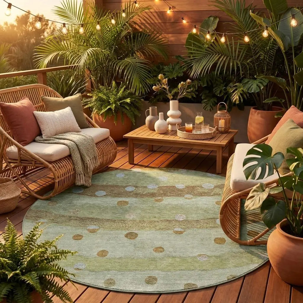 8' Sage And Green Round Striped Washable Indoor Outdoor Area Rug Homeroots Outdoor