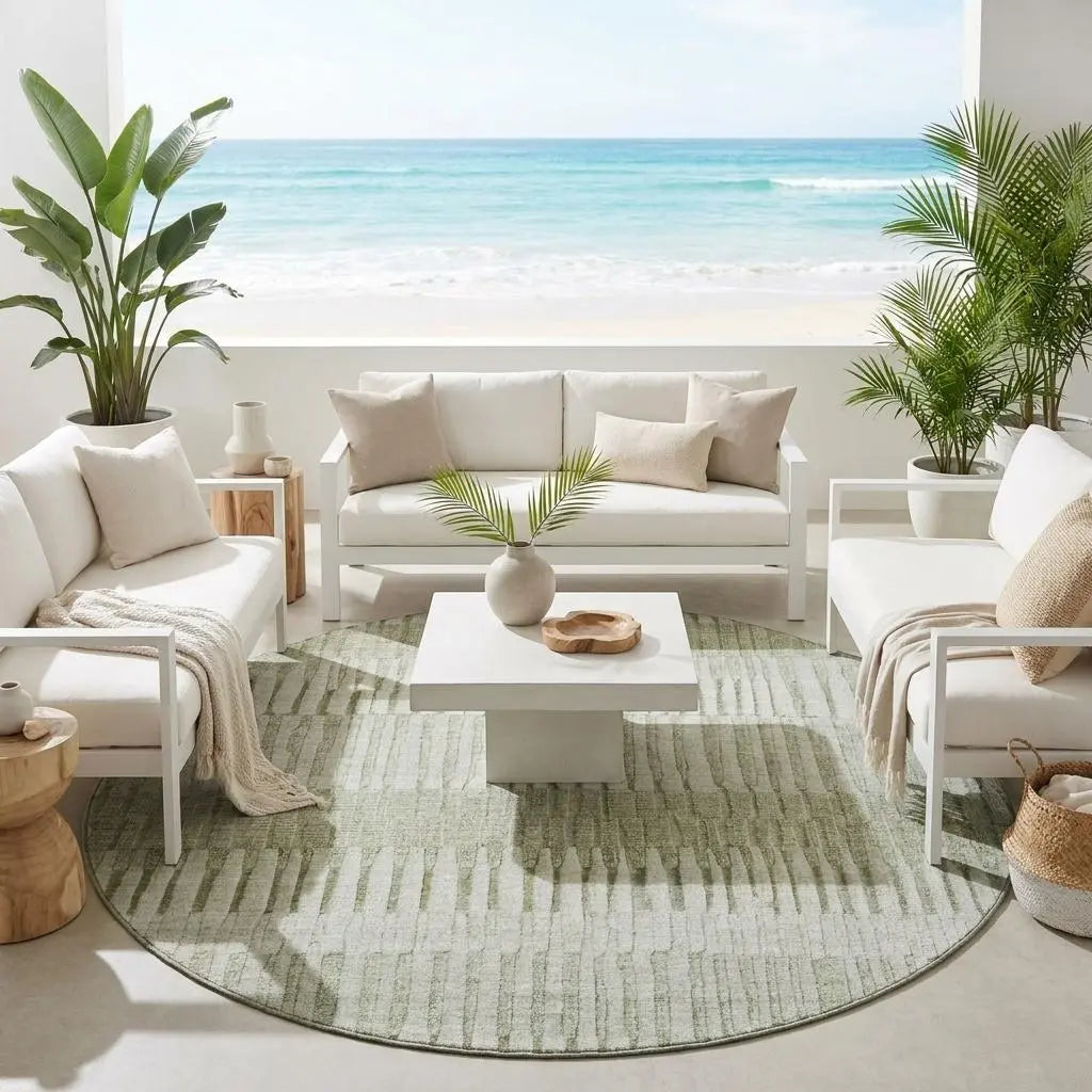 8' Sage And Green Round Striped Washable Indoor Outdoor Area Rug Homeroots Outdoor