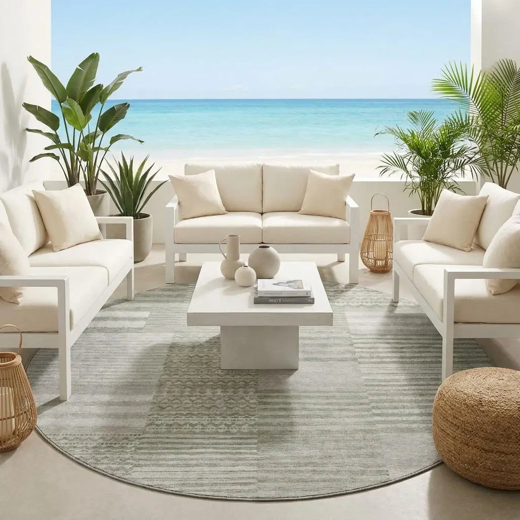 8' Sage And Green Round Striped Washable Indoor Outdoor Area Rug Homeroots Outdoor